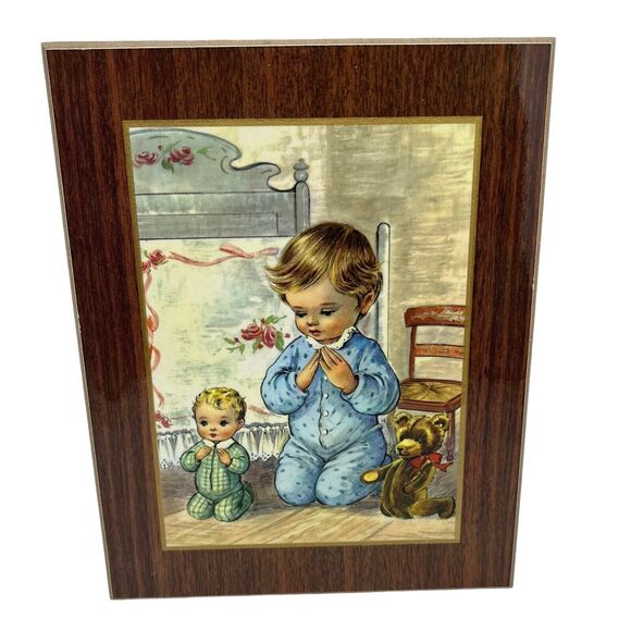 Baby Praying Print Retro Teddy Bear Vintage Bonella Milano Italy Print on Wood - Picture 3 of 14